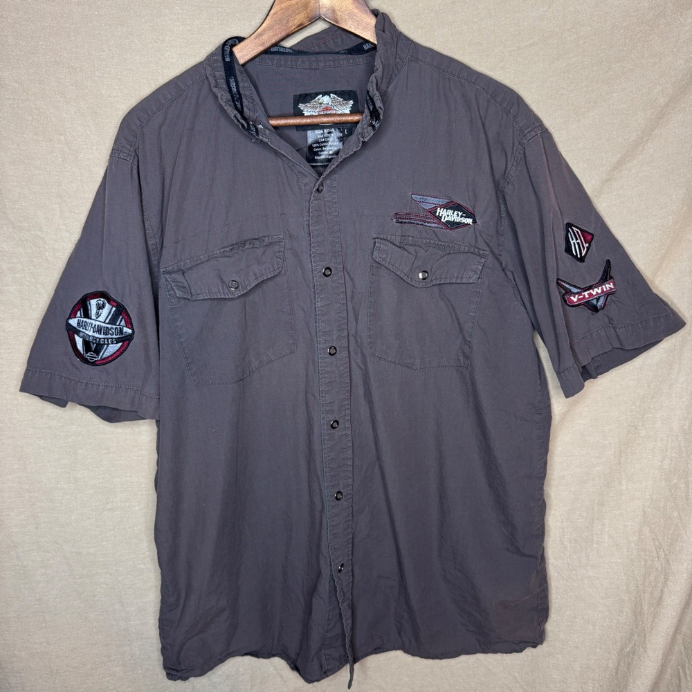 Harley Davidson Mens Gray Pinstripe Button Up Patches Short Sleeve Shirt Large